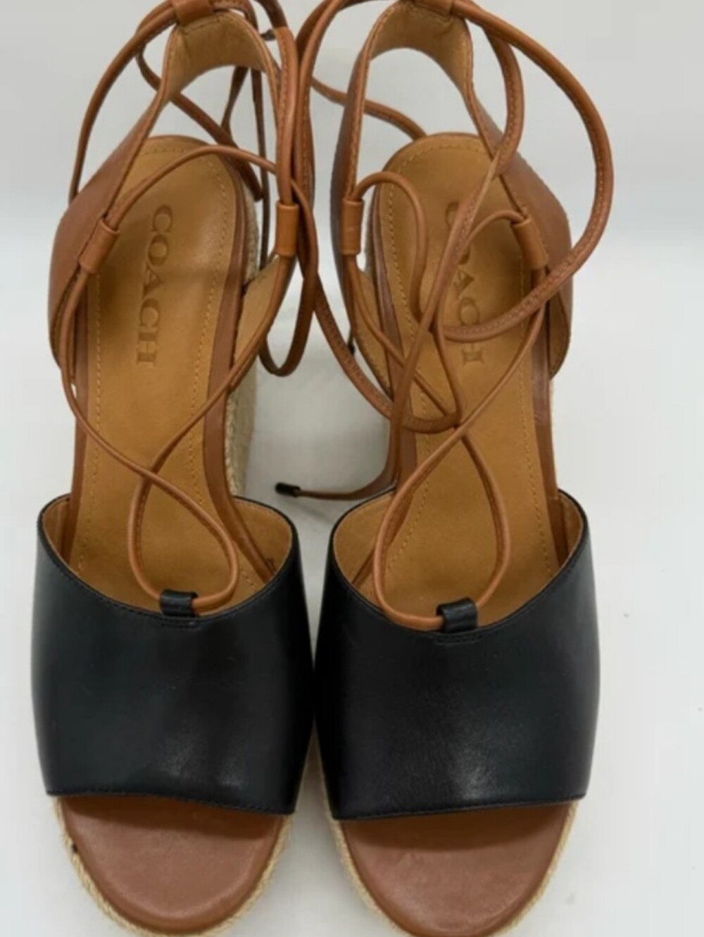 COACH Women's Black & Tan Leather Espadrille Wedge Sandals